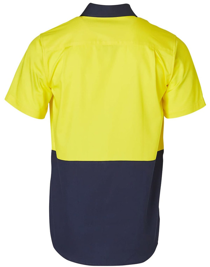 A two-tone short-sleeve cotton work shirt featuring a bright yellow upper and navy blue lower section with a logo.
