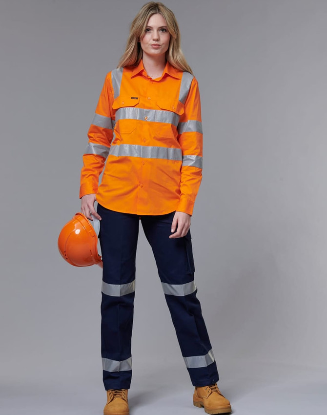 An orange high-visibility work shirt with reflective stripes, paired with navy trousers, featuring a logo.