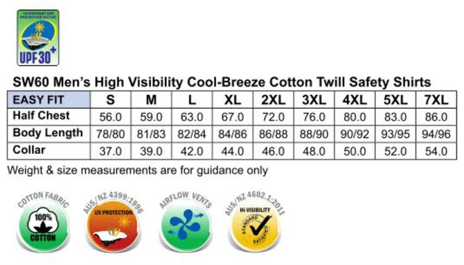 A size chart for men's high visibility cool-breeze cotton twill safety shirts in various sizes with measurements provided.
