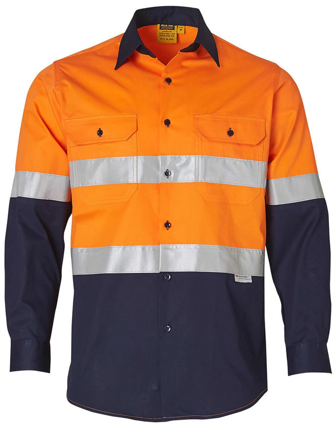 A work shirt featuring high-visibility orange and navy colours, with reflective stripes and two chest pockets.