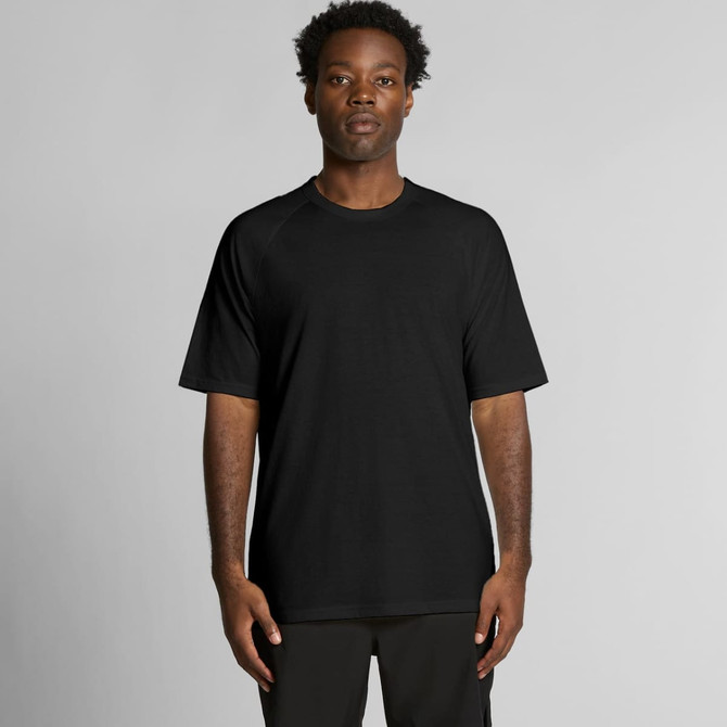 A black t-shirt with short sleeves, featuring a basic design and a logo.
