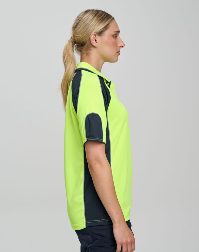 A side view of a high-visibility lime green polo shirt with navy sleeve panels and a logo.