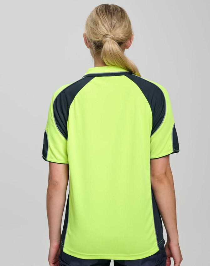 A women's high-visibility polo shirt in bright lime green with contrasting dark sleeves and collar, featuring a logo.