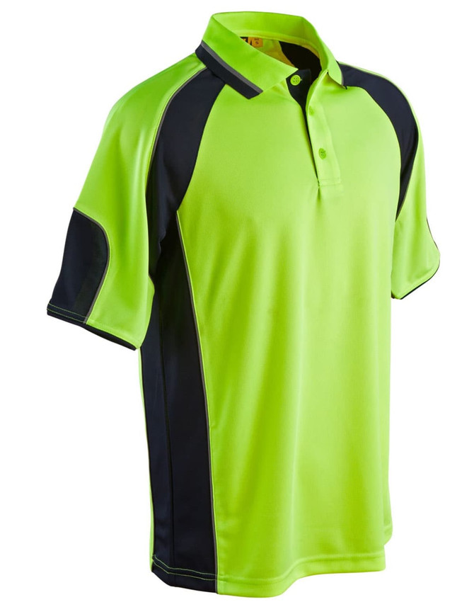 A bright green and navy blue men's polo shirt with sleeve panels and a collar, featuring a logo.