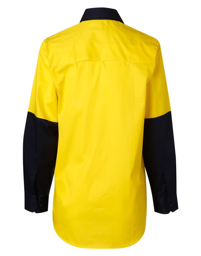 A long-sleeve safety shirt in bright yellow with navy blue sleeves, featuring a logo on the back.