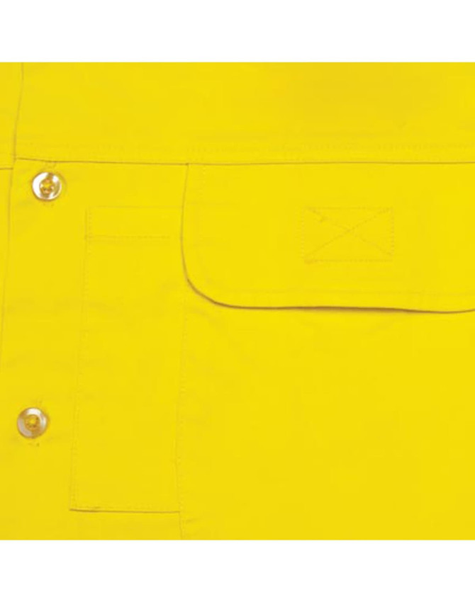 A close-up of a bright yellow, long-sleeve cotton safety shirt featuring snap buttons and a front pocket.