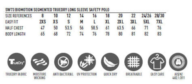A product specification sheet featuring the Biomotion Segmented Truedry S/S Safety Polo in various sizes.
