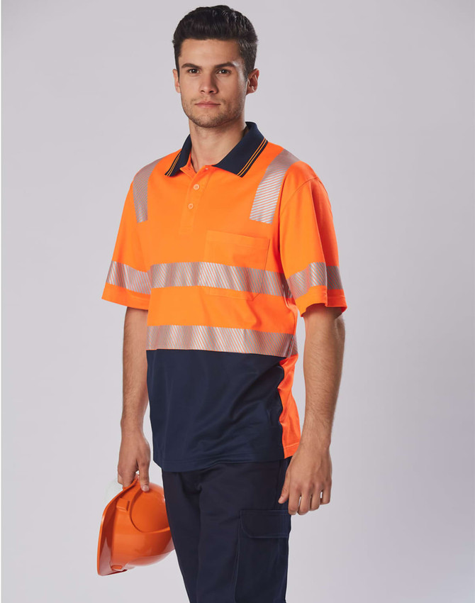 High-visibility orange and navy segmented safety polo shirt with reflective stripes and a chest pocket, featuring a logo.
