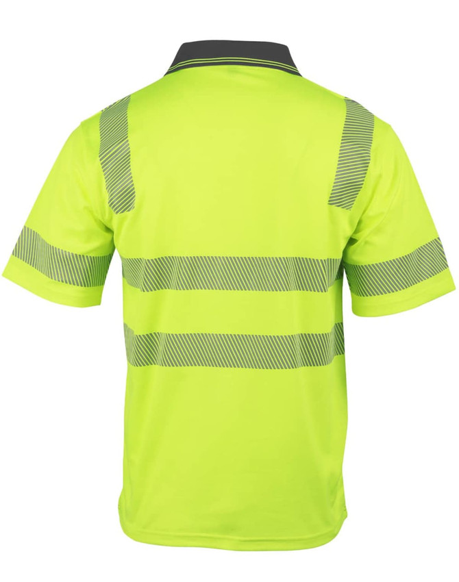 A bright yellow safety polo shirt featuring reflective stripes and a collar. The back view displays the segmented design.