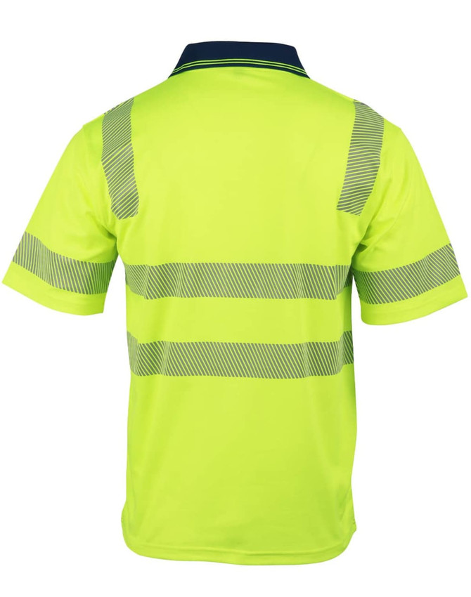 A bright yellow safety polo shirt featuring reflective stripes and a navy collar, with a logo on the chest.