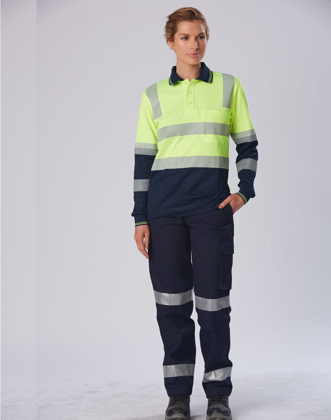 A long-sleeved safety polo in neon yellow and navy, featuring reflective stripes and a logo. Suitable for workwear.