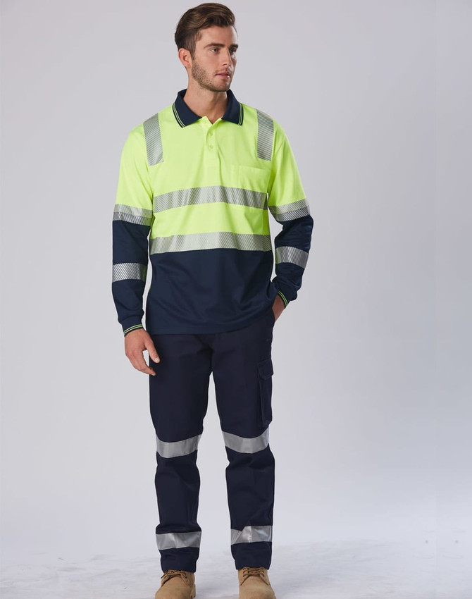 A long-sleeve safety polo in high visibility yellow and navy, featuring reflective stripes and a logo.