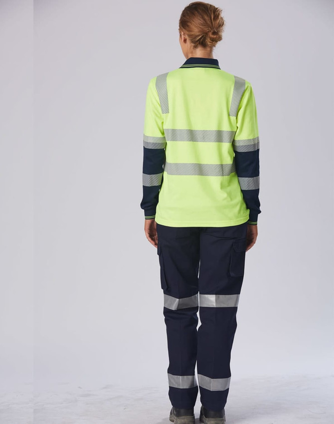 A high-visibility long-sleeve safety polo in fluorescent yellow with navy blue sleeves and reflective stripes.