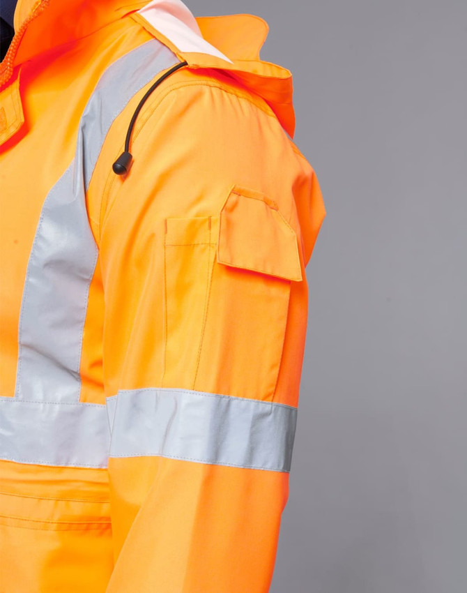 An orange safety jacket featuring reflective silver strips, with a pocket on the sleeve and a hood.