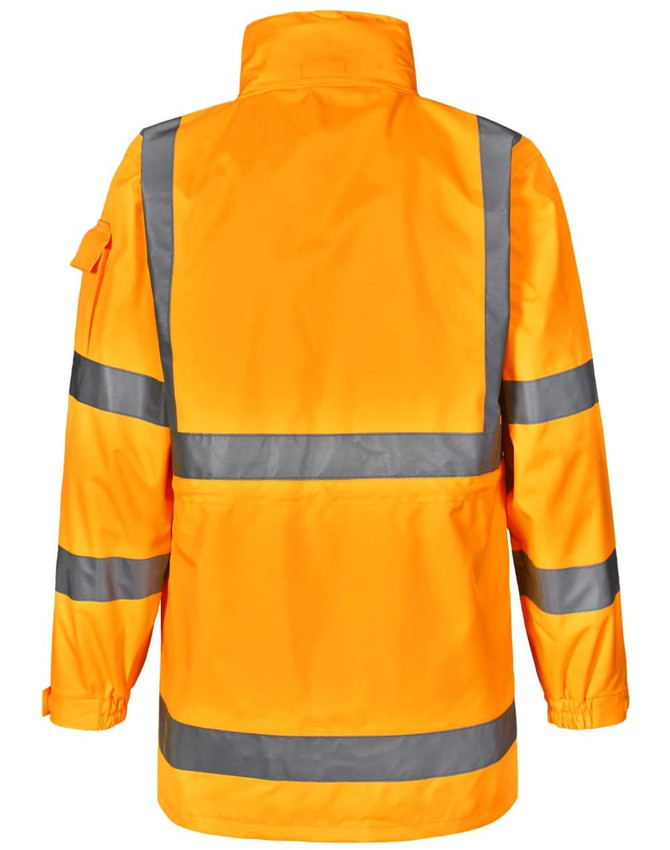 A bright orange safety jacket featuring reflective stripes and a high collar, with a logo on the front.
