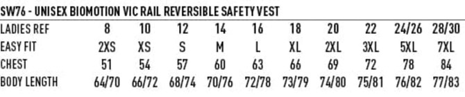 A size chart for the Biomotion VIC Rail Reversible Safety Vest, listing measurements for various sizes in women's and unisex fits.