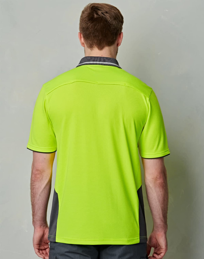 A bright hi-visibility lime green polo shirt with charcoal accents and a logo on the back.