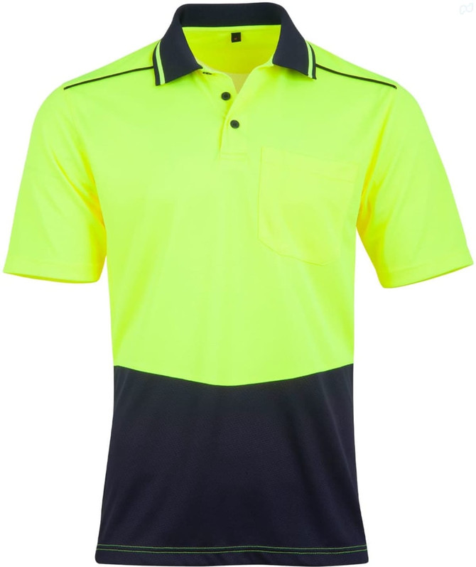 A bright yellow and navy blue unisex short-sleeve polo shirt with a chest pocket and contrasting collar. It features a logo.