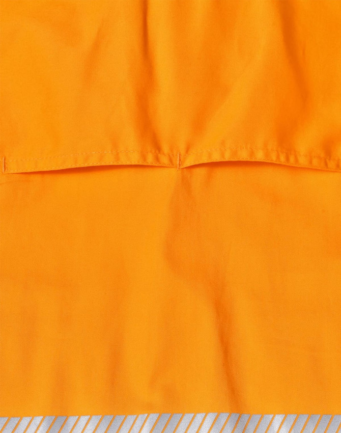 An orange long-sleeve safety shirt featuring segmented reflective tape and a logo.