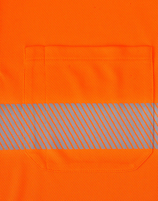 An orange safety polo shirt featuring a reflective stripe and a pocket on the front.