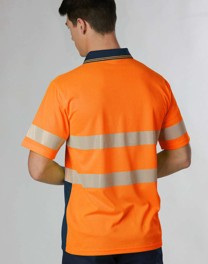 A vibrant orange unisex polo shirt with reflective stripes and a dark navy collar, featuring a logo on the front.