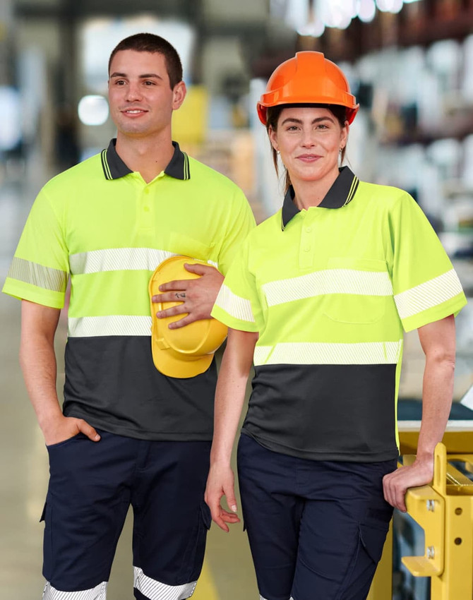 A unisex safety polo shirt featuring fluorescent yellow and dark grey segments, with reflective stripes. Includes a logo.