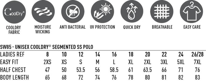 A segmented short-sleeve polo shirt in various sizes, featuring Cooldry fabric, moisture-wicking and UV protection properties.