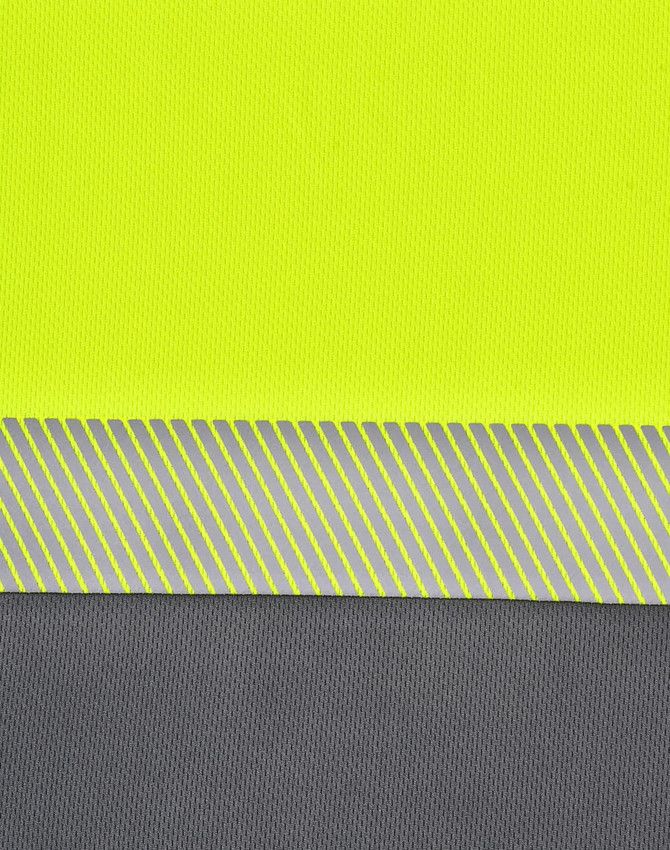 A segmented polo shirt in high-visibility yellow with grey stripes, featuring a textured fabric and a logo.