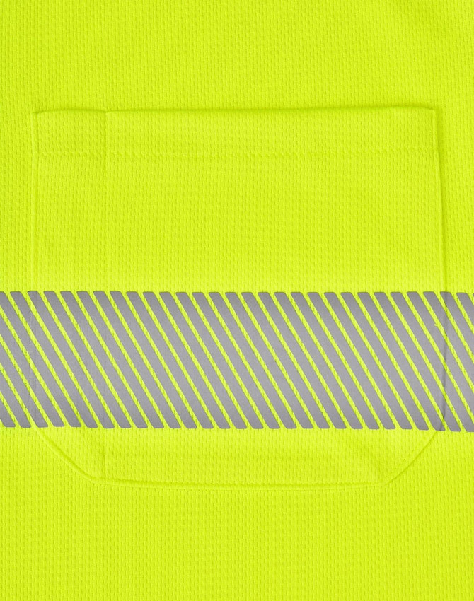 A bright yellow polo shirt featuring a reflective grey stripe and a chest pocket, designed for safety and visibility.