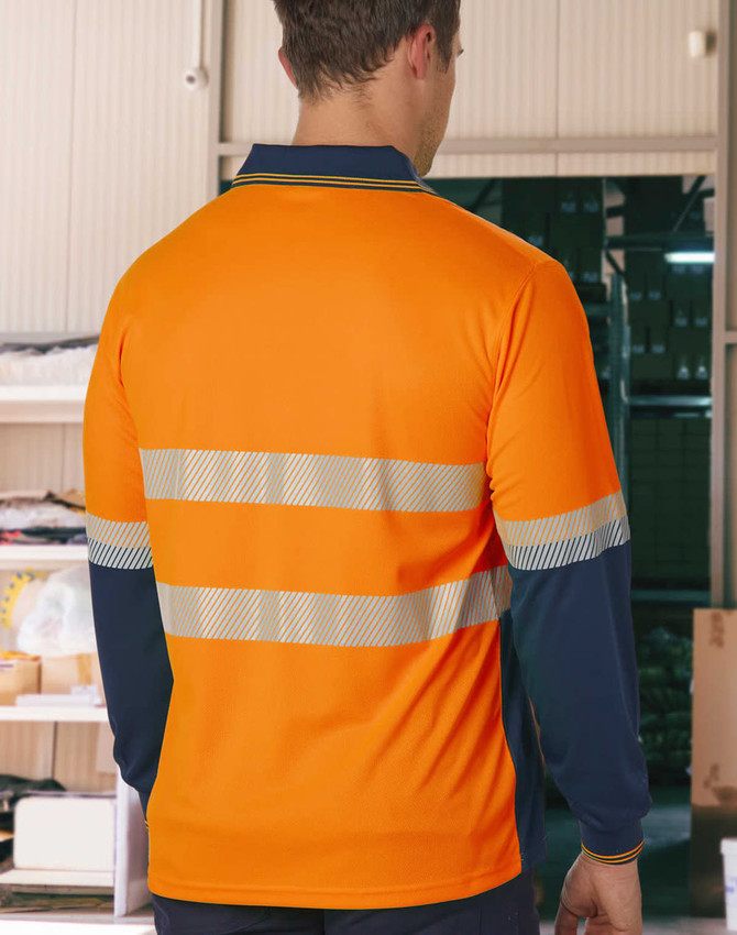 An orange and navy unisex long-sleeve polo shirt with reflective segmented stripes and a branding logo.