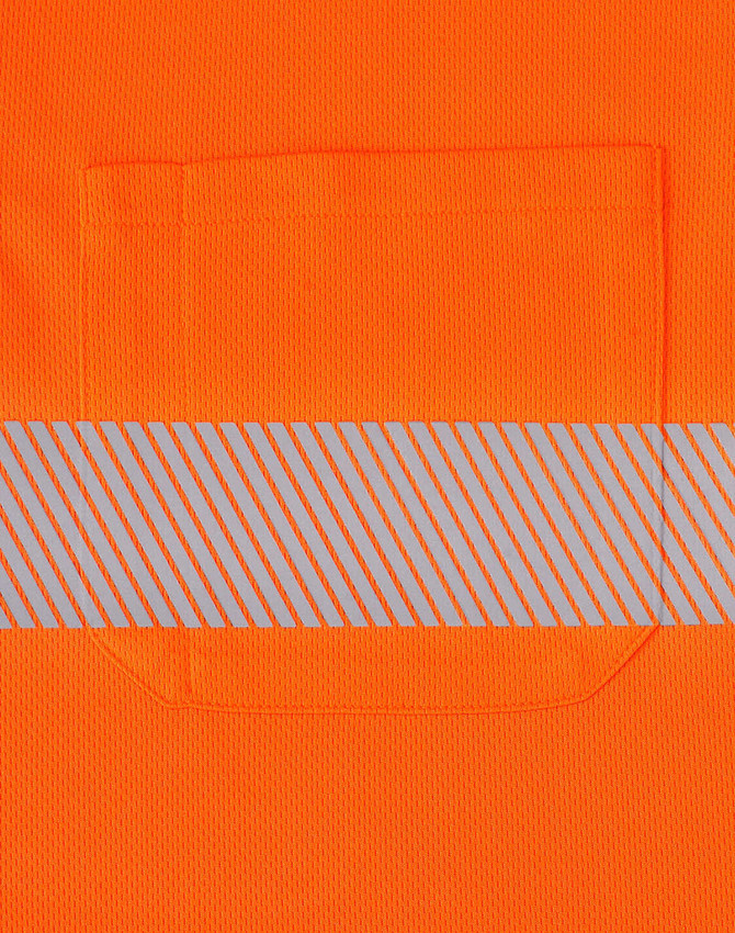 An orange long-sleeve polo shirt featuring a reflective striped band and a pocket.