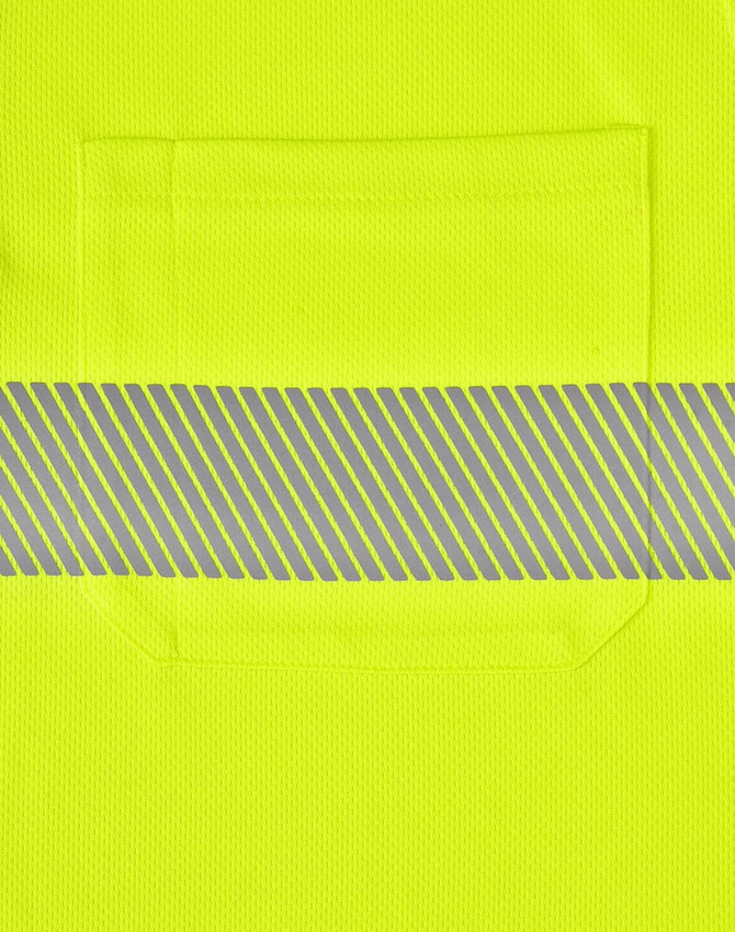 A bright yellow unisex long-sleeve polo shirt with a reflective striped band and a pocket on the front.