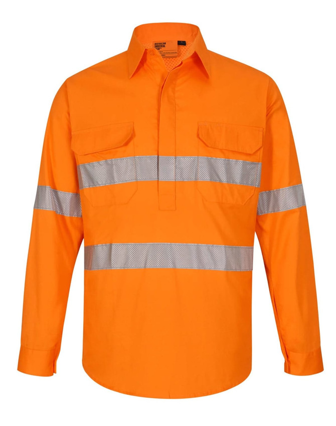 High visibility orange long-sleeve shirt with closed front and perforated reflective tape, featuring two chest pockets and a logo.