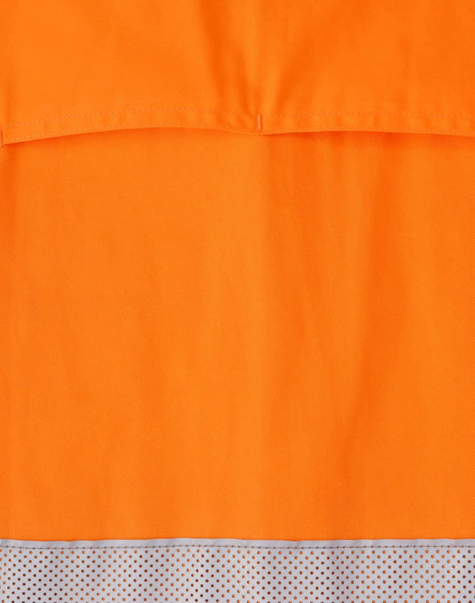 An orange long-sleeve work shirt featuring perforated tape at the bottom hem and a back pocket.