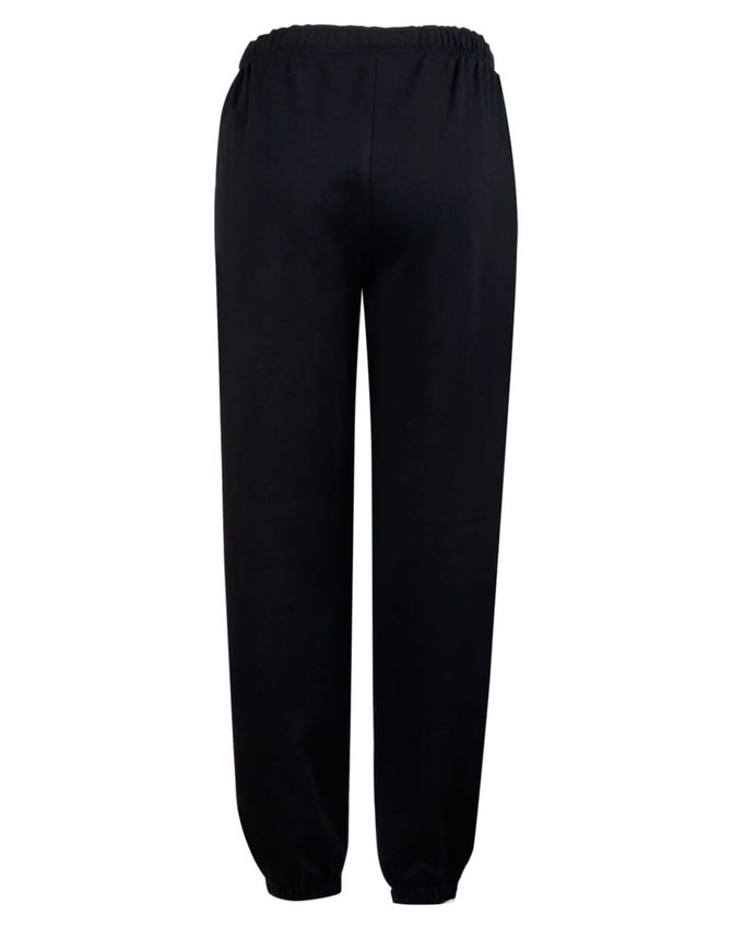 Black fleecy track pants with an elastic waistband, cuffs, and knee padding. Features a logo on the side.