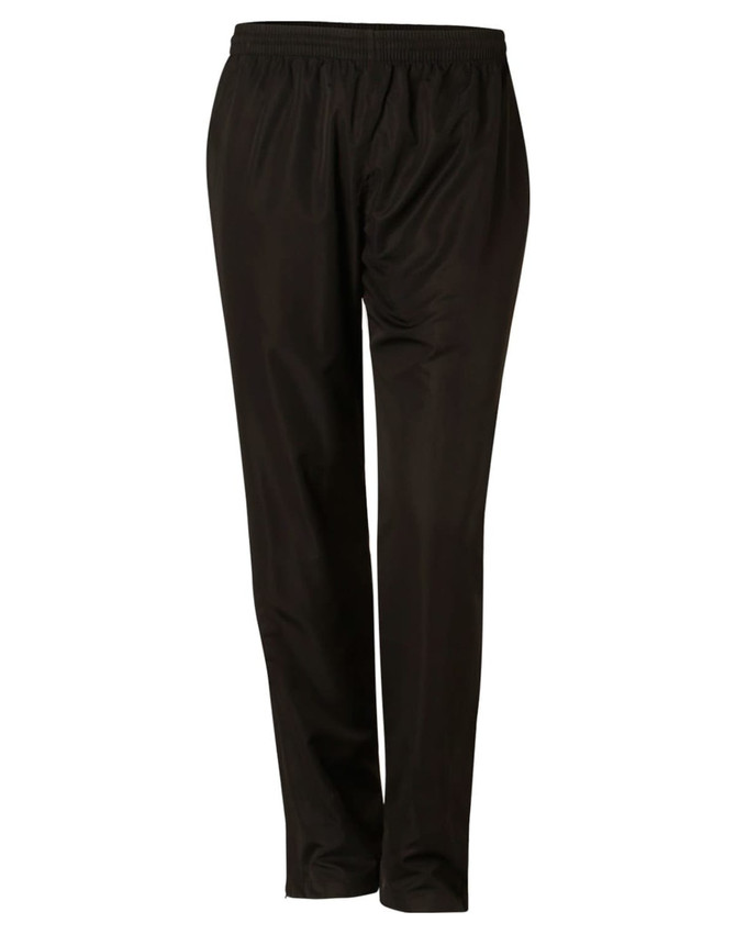 Black track pants with a relaxed fit and elastic waistband, featuring a small branding logo.