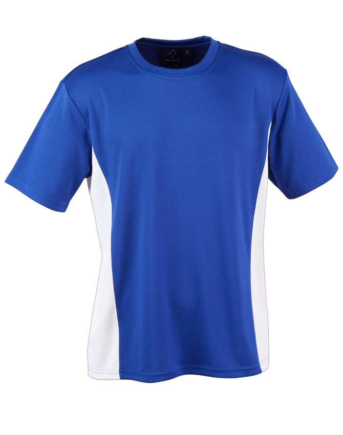A blue short sleeve T-shirt with white contrast panels and a branding logo on the tag.