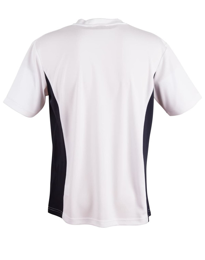 A short-sleeved kids' T-shirt in white with navy contrast panels on the sides, featuring a logo.