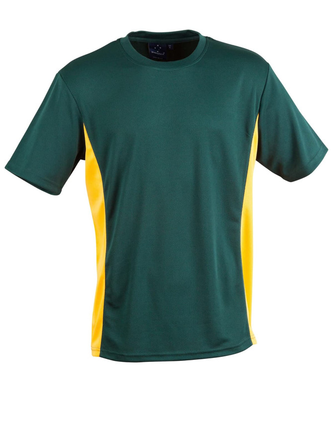 A green and yellow kids' short-sleeve T-shirt with a contrasting side panel and a logo on the label.