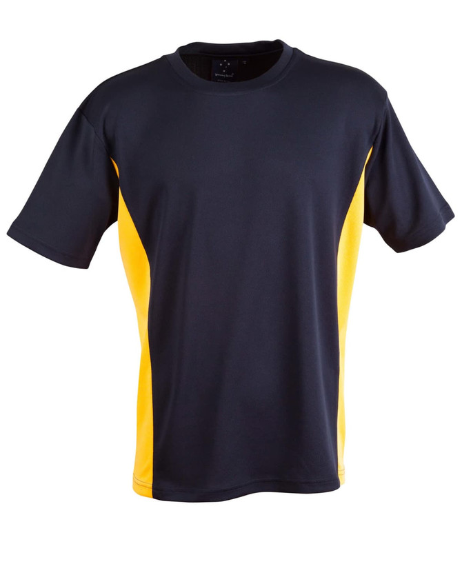 A dark navy blue and yellow short-sleeve T-shirt with a logo on the front.
