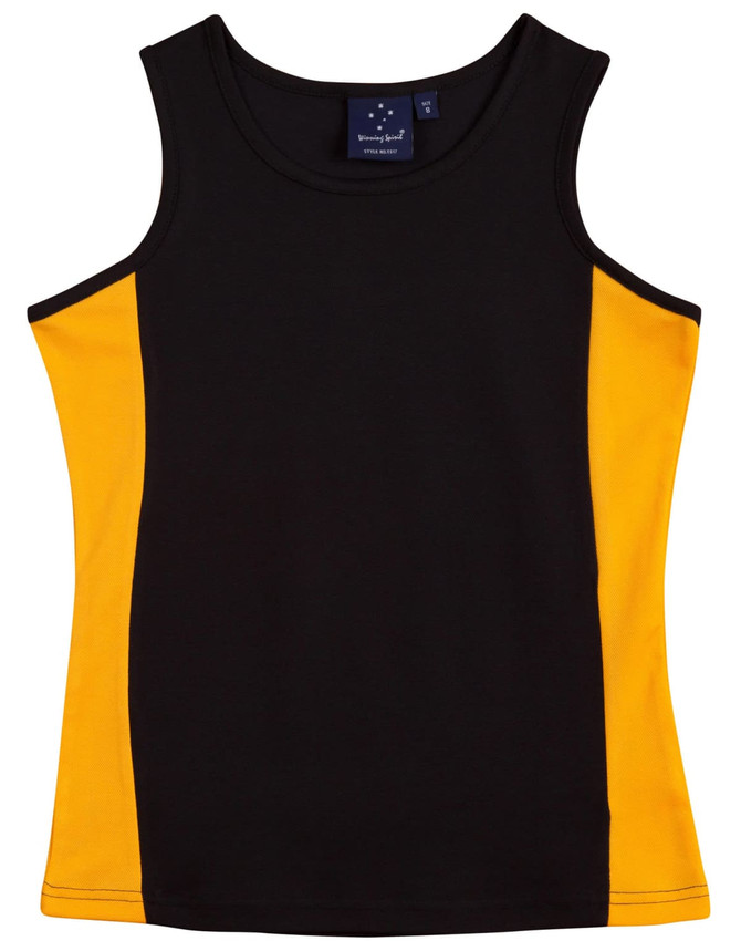 A black and yellow ladies singlet featuring a logo on the label. Short, sleeveless design.