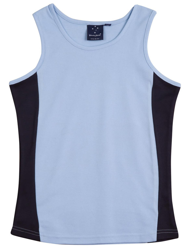 A light blue singlet with black contrast panels on the sides, featuring a logo on the label.