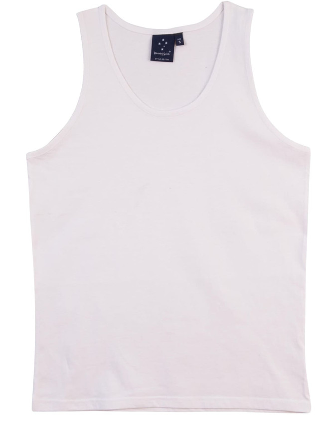 A white men's cotton singlet with a round neckline. It features a logo label on the inside.