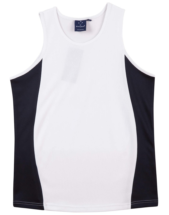 A men's singlet featuring a white body with black contrast mesh side panels and a logo on the label.
