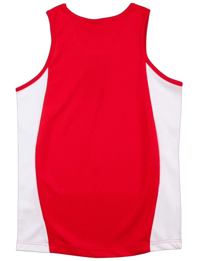 A red singlet with white contrast sides, featuring a logo on the upper back.