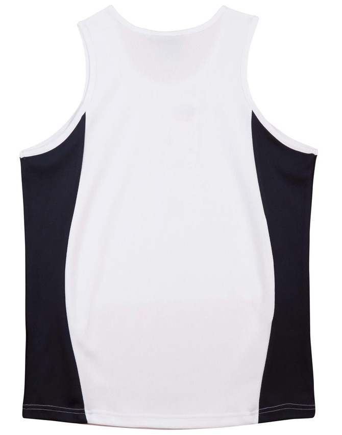 A men's singlet featuring a white front and contrasting black side panels, with a logo on the back.