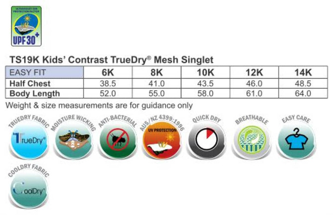 A contrast mesh singlet for kids in multiple sizes, featuring various icons for its fabric qualities and care.