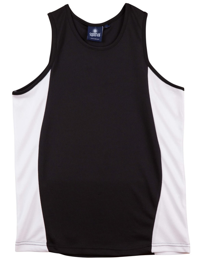 A black and white kid's singlet with contrast mesh panels, featuring a logo on the label.