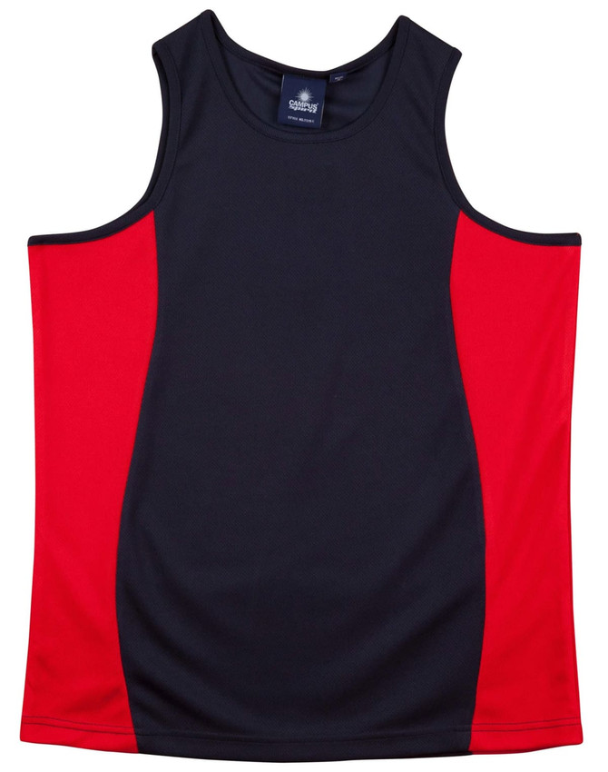 A singlet featuring a navy body with red contrast panels and a logo. Suitable for kids' wear.