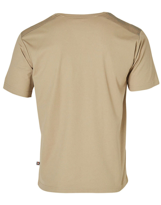 A beige short-sleeved work t-shirt with a branded logo on the lower side and striped detailing on the shoulders.